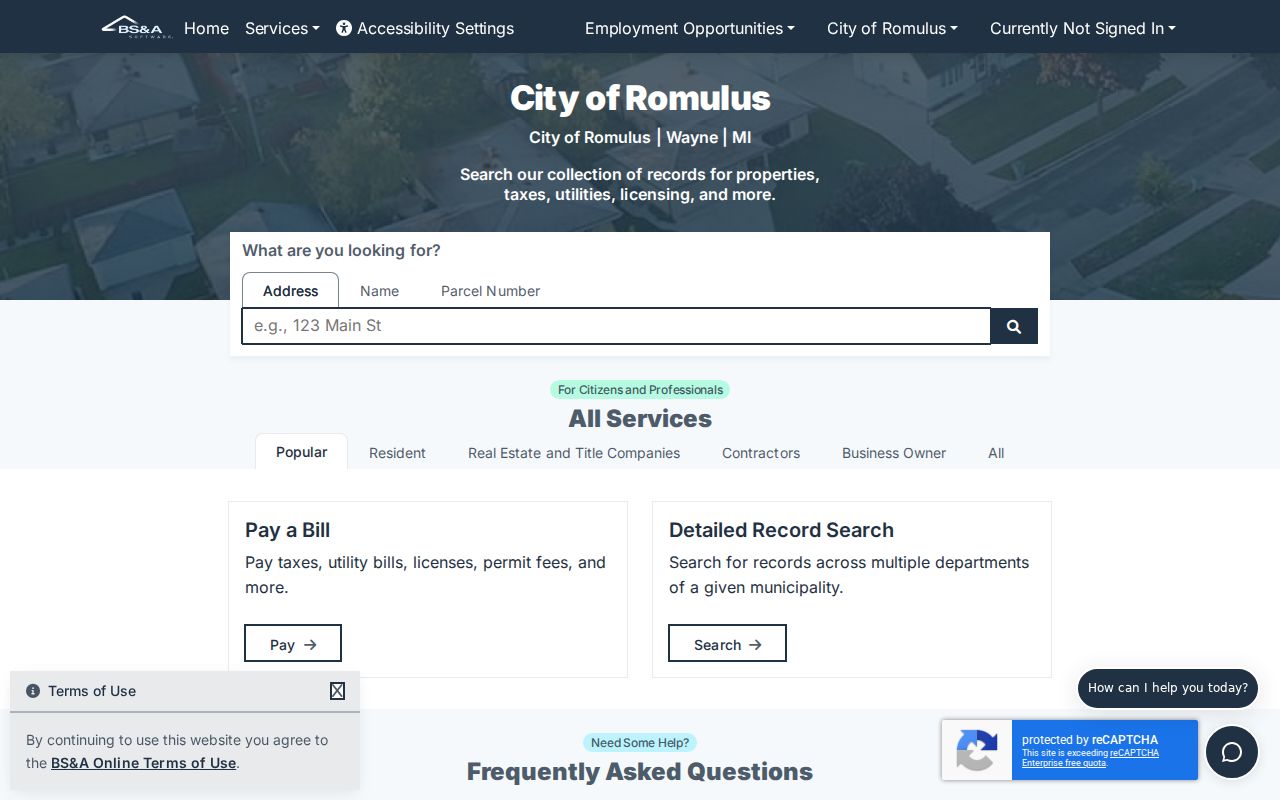 Romulus residents directory BS&A property search modes